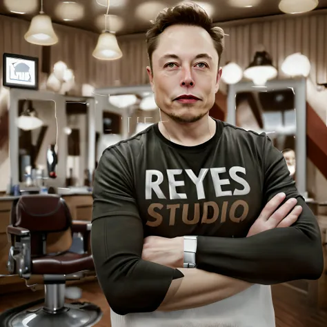 Genera una imagen digital de Elon Musk en una pose segura, Con los brazos cruzados, wearing a black T-shirt with the inscription "REYES STUDIO" en el pecho. The background of the scene should represent a real barbershop, with characteristic elements such a...