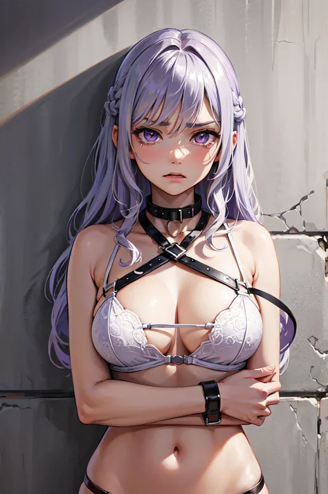 Masterpiece, Best Quality, highres, 1Girl, Solo, silver hair, long wavy hair, purple Eyes, Upper body only, stone wall background, no shirts, no pants, white brassiere, white underwear, large breasts, large slave collar, leash, angry face with tears, handc...