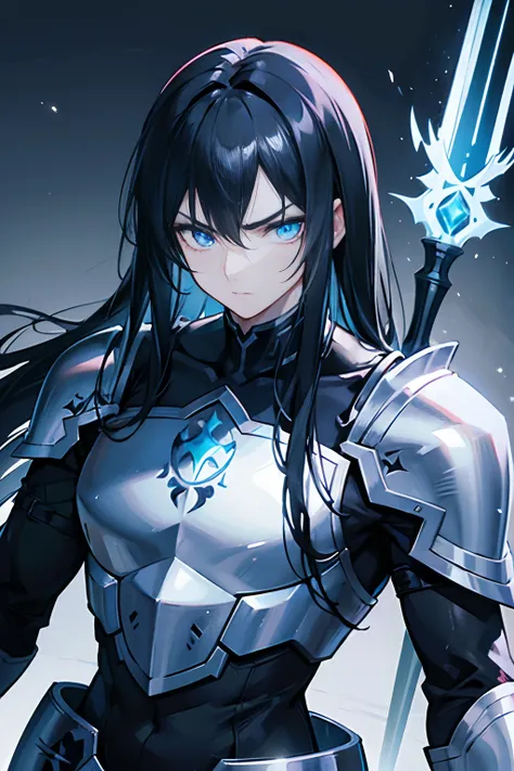 Man with long black hair wearing black paladin armor while holding a long black sword in his hand as his eyes glow blue and his muscles stand out with a serious look on his face