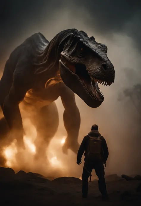 a powerful image: A tyrannosaurus emerges from dense smoke, its vigilant gaze. In front of it, a man, on a smaller scale, is illuminated by the light. It appears as if the tyrannosaurus is protecting the man with its majestic and protective presence. Its a...