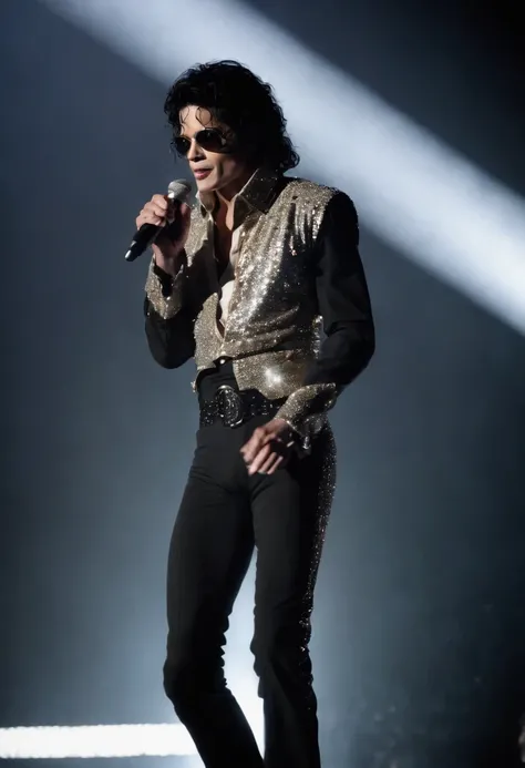 Michael jackson，Wearing a sequin dance costume，Shiny microphone，Space dance steps，stage lighting，Chasing the light，Backlight