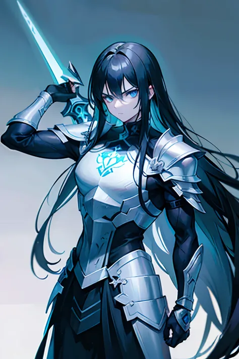 Man with long black hair wearing black paladin armor while holding a long black sword in his hand as his eyes glow blue and his muscles stand out with a serious look on his face