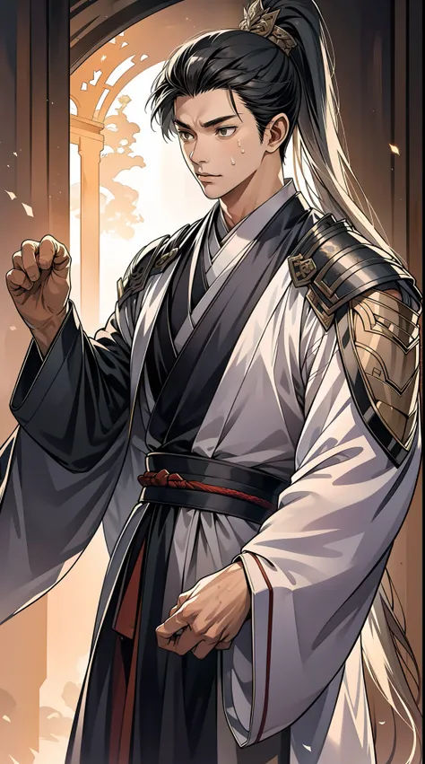 quadratic element，style of anime，mtu（Male Warrior），The proportions are correct，Face details，swordsmen，High ponytail hairstyle，Neck details，There is an Adams apple，Black Hanfu，kaftan，Embroidered robes，Black robe，clothes details，Handing over，longer sleeves，G...