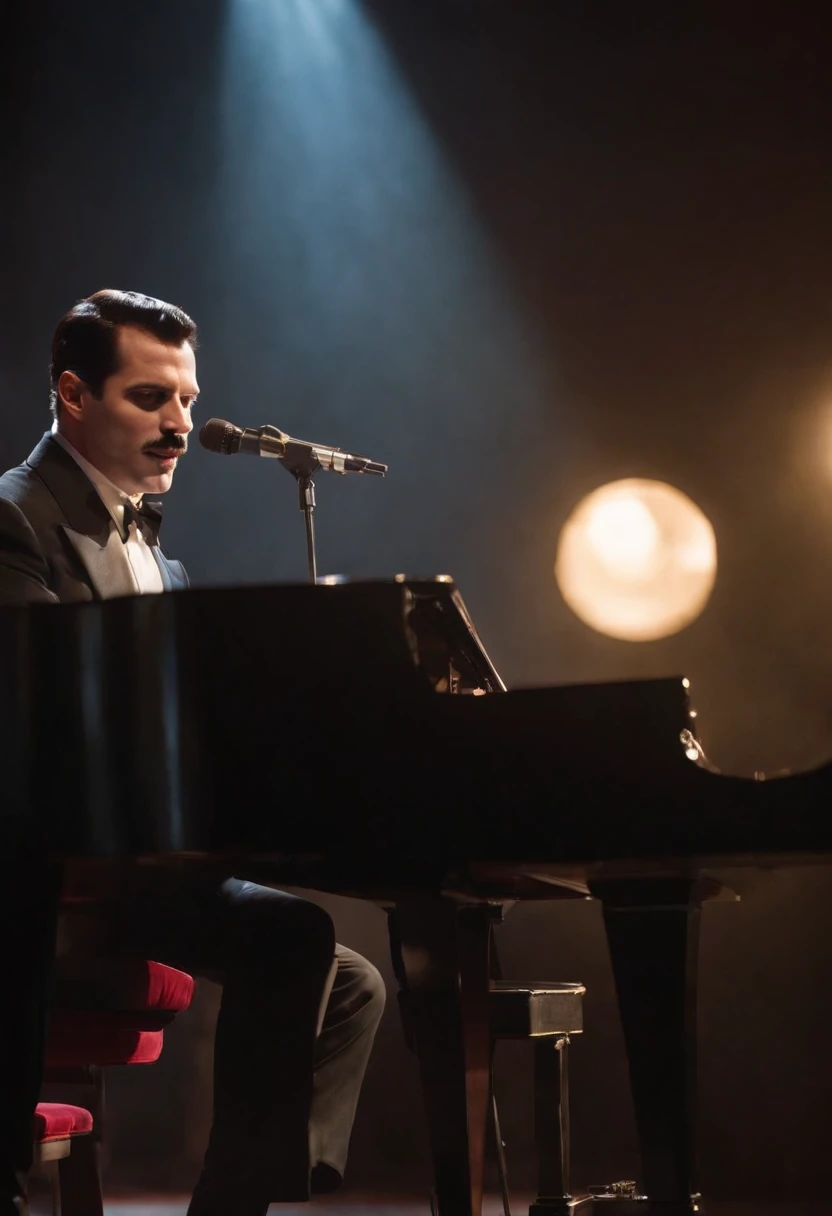 Freddie Mercury，grand piano，Pepsi，stage lighting，Chasing the light，Backlight