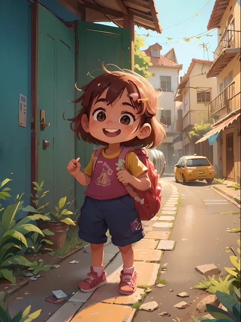 (melhor qualidade, realista,Altas, HDR:1.2),ultra-detalhado, 1menina brincando na rua de uma aldeia, sorridente, 1menino, fundo. no bag.