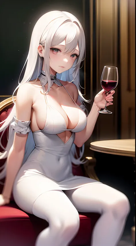 E cup，sit on chair，Holding a glass of red wine in his hand，White hair，White eyes，Lady-style coiled hair，White dress，White pantyhose，face expressionless，Scene of the aristocratic party