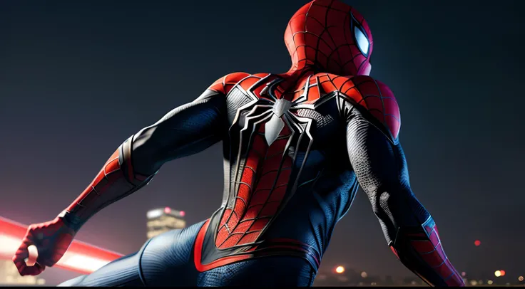 Capture a close-up shot from behind Spider-Man as he tightly grips a strand of web, demonstrating his speed and agility while gliding through the night sky, ultra realistic, (hyperrealism:1.1),(detailed:1.2)