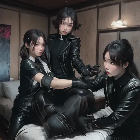 Young Japan woman lifting black suit up to shirt, Black leather gloves worn on both hands, A woman wearing a mens three-piece suit with a black shirt in front of a woman wearing a black leather glove, wearing black leather gloves in both hands, a Japanese ...