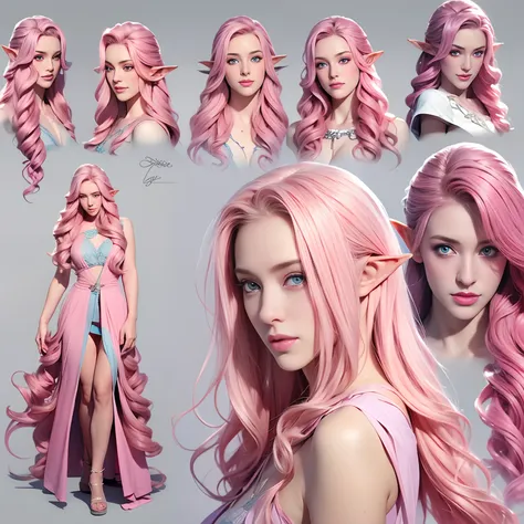 a woman, long curly hair, pink hair, blue eyes, character structure, elf, model sheet, reference, model sheet, characteristics, game