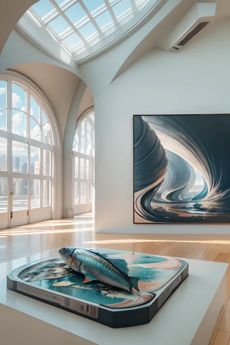 Art exhibitions，There is a wall in the middle of the exhibition hall,The painting on the wall is in the middle, Paintings on the walls, skyscape, Large airy windows, Zaha Hadid and Santiago Calatrava landscape panoramic style, Fish, Clear light, Edge light...