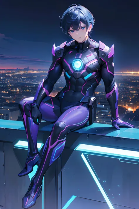 (best quality,8k,highres,masterpiece:1.2),ultra-detailed,(realistic,photorealistic,photo-realistic:1.37),boy,electric blue,superpowers,purple aura,sitting,edge,building,overlooking,neon city,night time backdrop