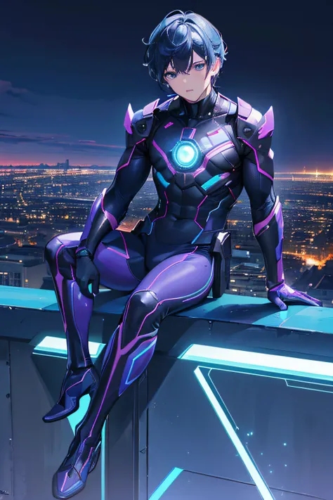 (best quality,8k,highres,masterpiece:1.2),ultra-detailed,(realistic,photorealistic,photo-realistic:1.37),boy,electric blue,superpowers,purple aura,sitting,edge,building,overlooking,neon city,night time backdrop