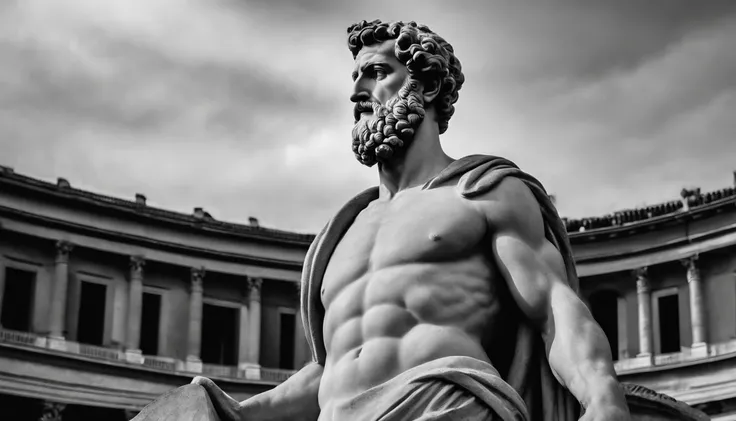 Statue of the stoic Marcus Aurelius with a strong muscle and beard in black and white, colunas colunas de concreto da grecia antiga ao fundo, rosto olhando para frente, 8k