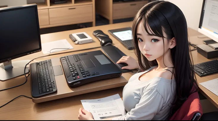 Head to your computer、Pretty women、20yr old、student clothes、Normal breasts、Have a document、boyish、