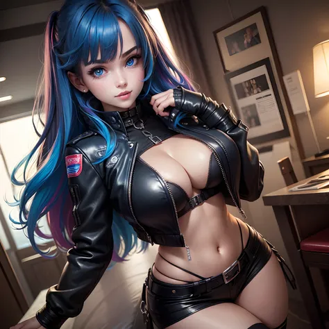 leather jackets，realisitic(1.2)，hyperdetailed face，Excellent style，huge tit，Beautie，blue eyess，girl with，multicolored hair，top-quality，​masterpiece，a smile，Beautiful girls，超A high resolution，girl，Im pulling down my bangs，a beauty girl，