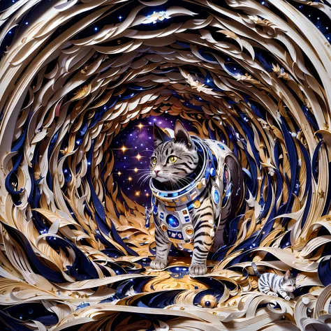 paper cut out，Cosmic scenes, A cat in a spacesuit is walking through a space-time tunnel，A black hole near the end，Best quality ,masterpiece,Extremely Delicately Beautiful, Extremely detailed  ,finedetail, Best quality,absurderes,  unbelievable Ridiculous,...