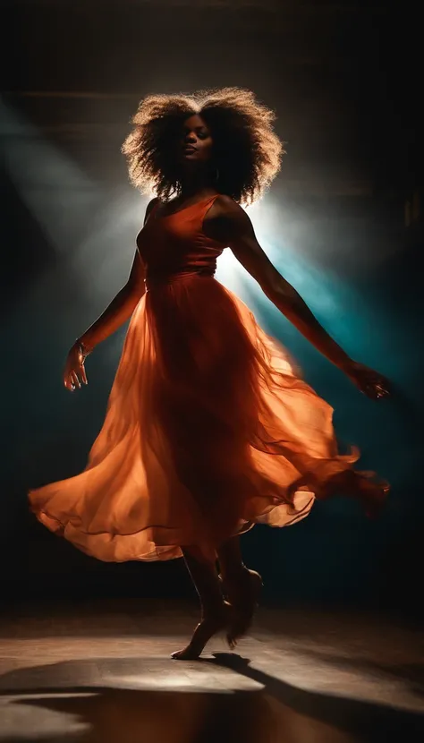 Curly-haired black woman dancing in dark room, ultra foto realismo