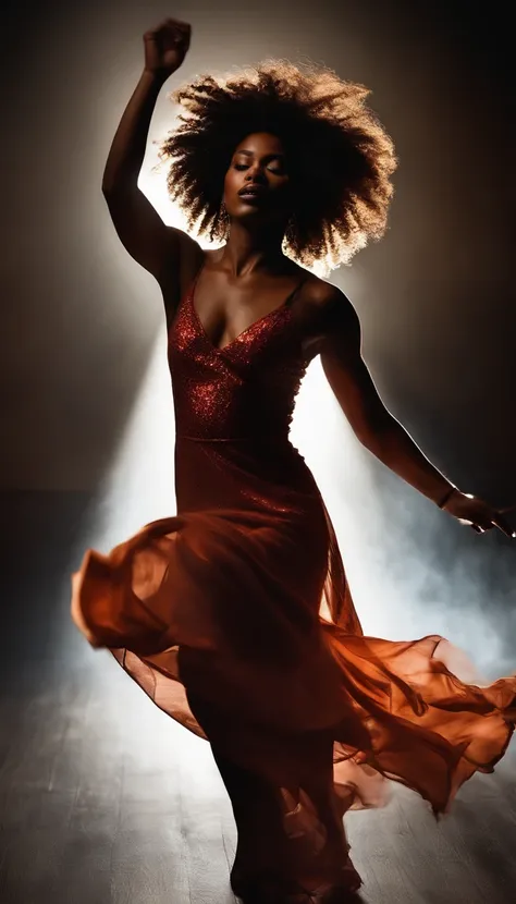 Curly-haired black woman dancing in dark room, ultra foto realismo