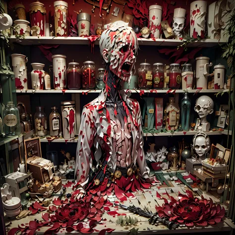 Paper Cuttings style： (((Inside the bloody parts store)))The shelves are full of horror, blood vessel, sci-fy ,(crowed:1.2),[Creepy mannequins], [Horrible amputation], [Bloody tools], [Rotting organs], [Terrible surgical instruments], [Disturbing dissectio...