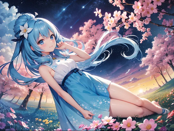 (hight resolution、ultra-detailliert、nffsw、movie)、独奏、1girl in、Happiness、Girl Standing In Cosmos Flower Garden、Girl around the petals、A charming smile、full body Esbian、Long-haired girl with blue hair、lightblue hair、facing front、Fantasia、Official art、pop-art、...