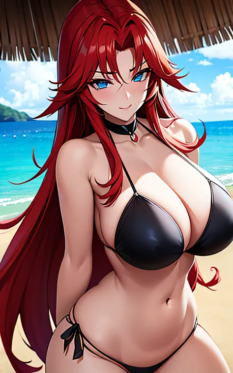 Ryas Gremory, Highschool DxD, beautiful voluptuous anime woman, redhead, voluminous hair, wears a black bikini, light blue eyes, big bust, big butt, sensual look, sensual pose, on a beach, TNK Co., Ltd. studio style animation