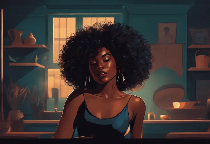 Curly-haired black woman dancing in dark room, arte digital estilo Lo-fi