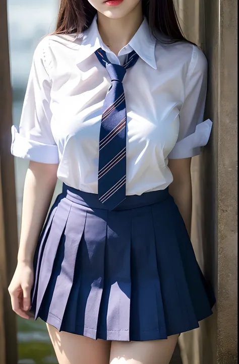 japanaese girl、Teen girls、perfect body type、Transparency、discreet breasts、School Uniforms、Navy blue tie、Navy blue skirt、Light blue shirt、hposing Gravure Idol、waterside、Muchimuchi thighs、Infidelity rotten