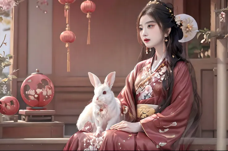 Beautiful Chinese woman in a red dress sitting next to a white rabbit, palace ， a girl in hanfu, wearing ancient chinese clothes, traditional chinese clothing, hanfu, chinese costume, with acient chinese clothes, chinese style, white hanfu, traditional chi...