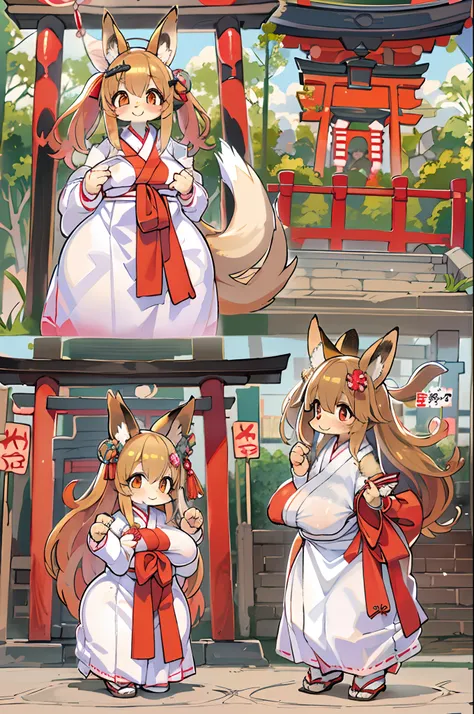 Fox Woman、body covered with fur、huge-breasted、kawaii、shrine maiden、Japan white clothes,Red Hakama、torii gate,summer day、((High Position))、A big smile、bbw、thick thight、big butts、Ultramammy,Chibi,Nanachi