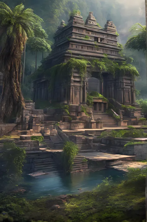 a photorealistic, award winning, best detailed, absurres, landscape picture of a fantasy jungle at dawn, many (jungle trees: 1.3),  a (river crossing the jungle: 1.1), sun rising being reflected in the river, birds flying above, an inca temple in the horiz...