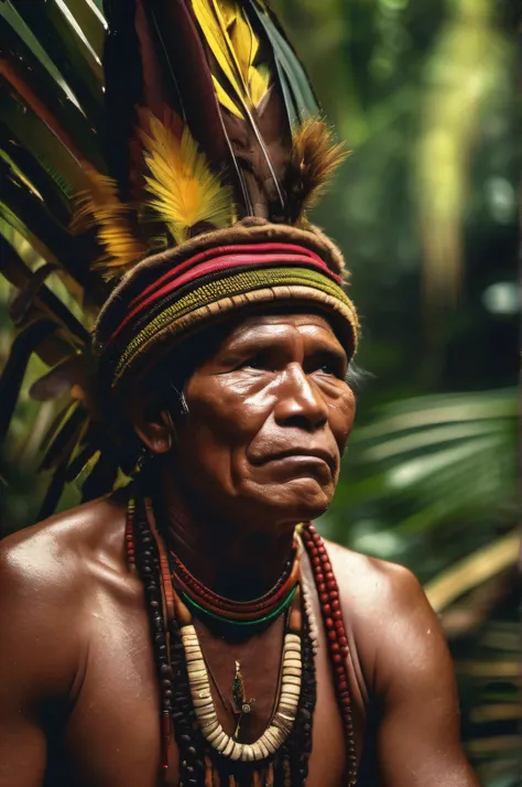 Realistic, Amazon Rainforest, BRAZILIAN INDIGENOUS, a Yanomami Shaman;, ao redor da fogueira, Ritual, bebida sagrada, high level of detail, dramatic lighting, hiper-realismo