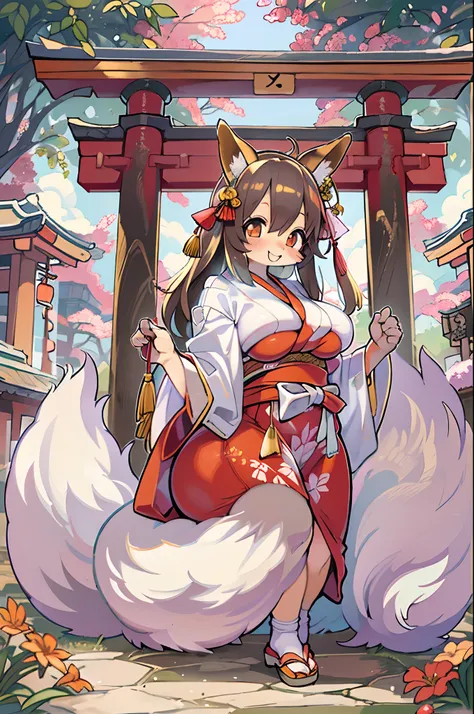 Fox Woman、body covered with fur、huge-breasted、kawaii、shrine maiden、Japan white clothes,Red Hakama、torii gate,summer day、((High Position))、A big smile、bbw、thick thight、big butts、Ultramammy,Chibi,Nanachi