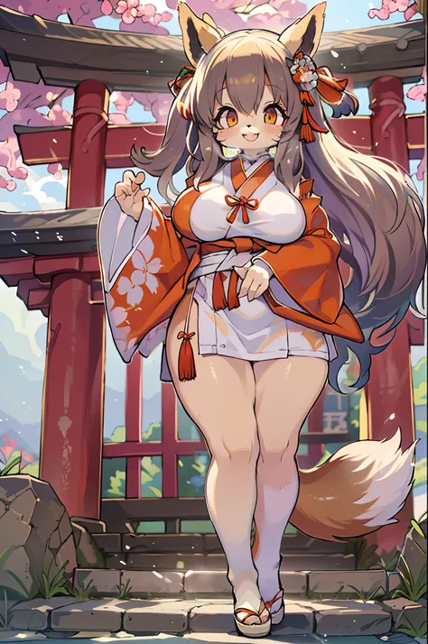 Fox Woman、body covered with fur、huge-breasted、kawaii、shrine maiden、Japan white clothes,Red Hakama、torii gate,summer day、((High Position))、A big smile、bbw、thick thight、big butts、Ultramammy,Chibi,Nanachi