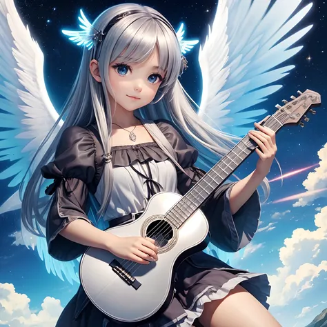 outstanding，best qualityer，Under the sky，an Quority，Divine anime loli，(silber hair)，(Wearing glowing wings)，Play the lute