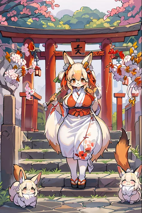 Fox Woman、body covered with fur、huge-breasted、kawaii、shrine maiden、Japan white clothes,Red Hakama、torii gate,summer day、((High Position))、A big smile、bbw、thick thight、big butts、Ultramammy,Chibi,Nanachi