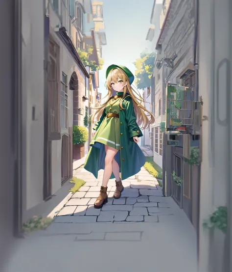 masterpiece, best quality, illustration, high res, extremely detailed, landscape in a medieval town with green trees around, 1 girl, Navy long hair, golden eyes, eye highlights, green raincoat, depth of field, chromatic aberration abuse, pastel color, faci...