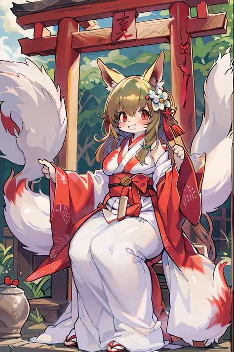 Fox Woman、body covered with fur、huge-breasted、kawaii、shrine maiden、Japan white clothes,Red Hakama、torii gate,summer day、((High Position))、A big smile、bbw、thick thight、big butts、Ultramammy,Chibi,Nanachi