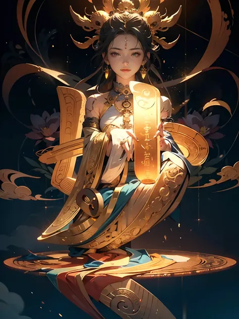 （Chinese immortals）, （Buddhism）, Multip_Hands，（mythological stories）, （bodhisattva）, She sits on a lotus, （Three hands on the left，Three hands on the right, Each hand holds a different Buddhist vessel, left right symmetry），（Delicate and beautiful face）, （W...