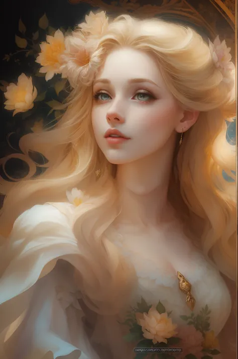 （（gorgeous 18-year-old princess）），（she has long flowing blonde hair），（bright and beautiful eyes），trendding on artstation，flowers...