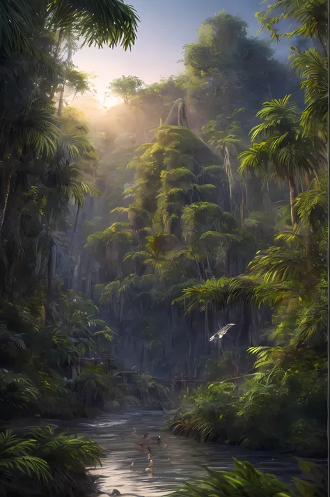 a photorealistic, award winning, best detailed, absurres, landscape picture of a fantasy jungle at dawn, many (jungle trees: 1.3),  a (river crossing the jungle: 1.1), sun rising being reflected in the river, birds flying above, an inca temple in the horiz...