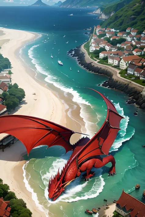 Red Dragon attacking sea side village