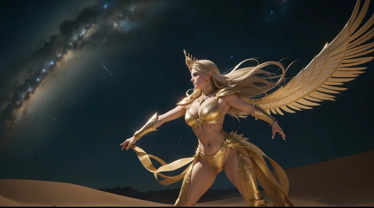 ( desert dunes at night ) Lindsey Vonn como uma guerreira angelical em uma armadura de ouro brilhante, golden armlets, braceletes dourados largos, eagle-shaped tiara on head, coxas expostas, Arms flexed with clenched fists, look-at-camera , athletic curvy ...