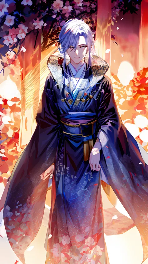 Anime characters standing in front of a tree in a kimono, handsome guy in demon killer art, Inspired by Bian Shoumin, flowing hair and long robes, ((wearing aristocrat robe)), full-body wuxia, by Yang J, Tall anime guy with blue eyes, Onmyoji detailed art,...