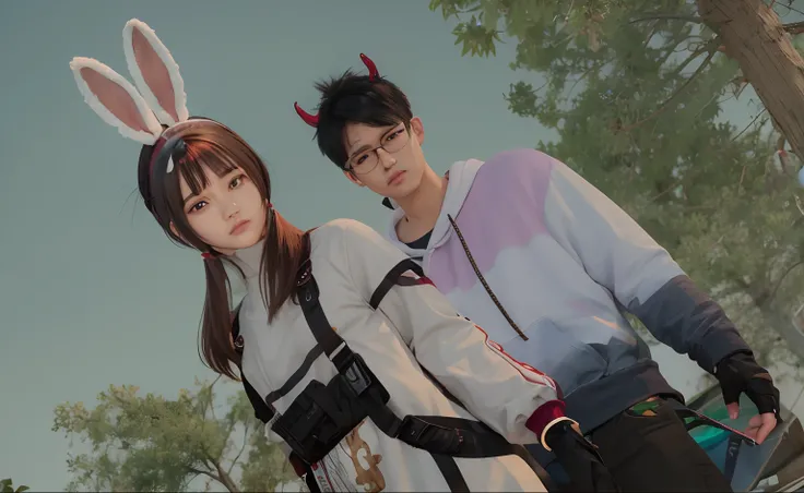 one guy, black hair with clear glasses, red horn headdress, handsome Asian face. gray hoodie with laces. one Asian girl with light brown hair, rabbit ear headdress, punk dress white,face details,very realistic,high quality,animation.characters.masterpiece