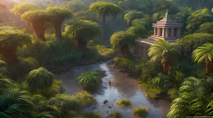 a photorealistic, award winning, best detailed, absurres, landscape picture of a fantasy jungle at dawn, many (jungle trees: 1.3),  a (river crossing the jungle: 1.1), sun rising being reflected in the river, an Inca temple in the horizon, a shot from bird...