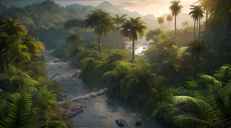 a photorealistic, award winning, best detailed, absurres, landscape picture of a fantasy jungle at dawn, many (jungle trees: 1.3),  a (river crossing the jungle: 1.1), sun rising being reflected in the river, an Inca temple in the horizon, a shot from bird...