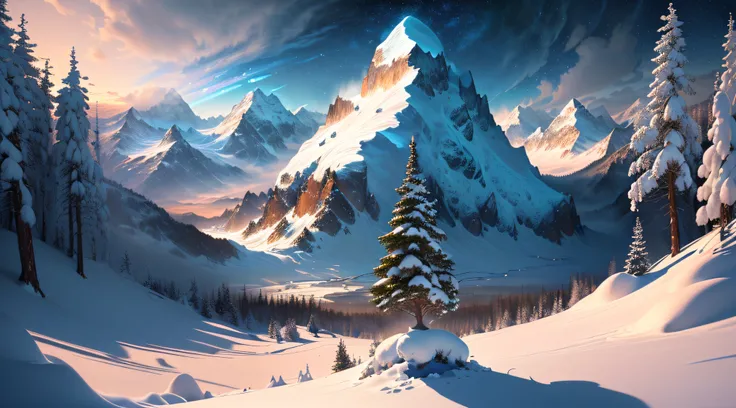 Masterpiece, best quality, (extremely detailed CG unified 8k wallpaper), (best quality), (best illustration), (best shadow), snow mountains, wilderness, snowflakes dancing,absurdity, realistic lighting, (abyss), beautiful detail lighting, Peter Mohr Bacher...