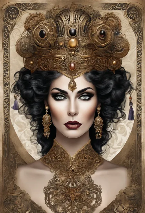 Create an image of an aristocratic woman with curly or wavy hair, pele alabastro e olhos castanhos que irradiam um toque de crueldade. Seus cabelos, meticulosamente arrumados, They are as black as night and are crowned with a sinister tiara studded with da...