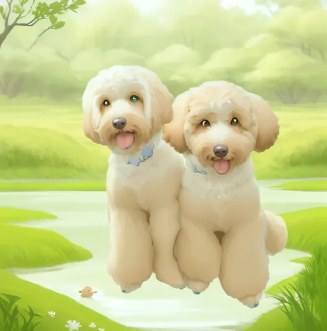 Make a cute picture book illustration of Leafa and Maple of Australian Labradoodles playing together in a fresh green marshland.。
Leafa has a white body and caramel ears,、Maple is a full-body cream-colored Australian Labradoodle。