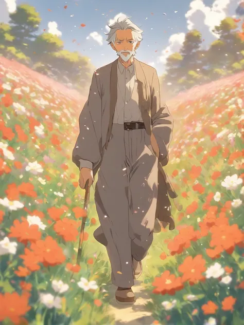 Gray-haired old man in a field of blooming flowers, Happy walk